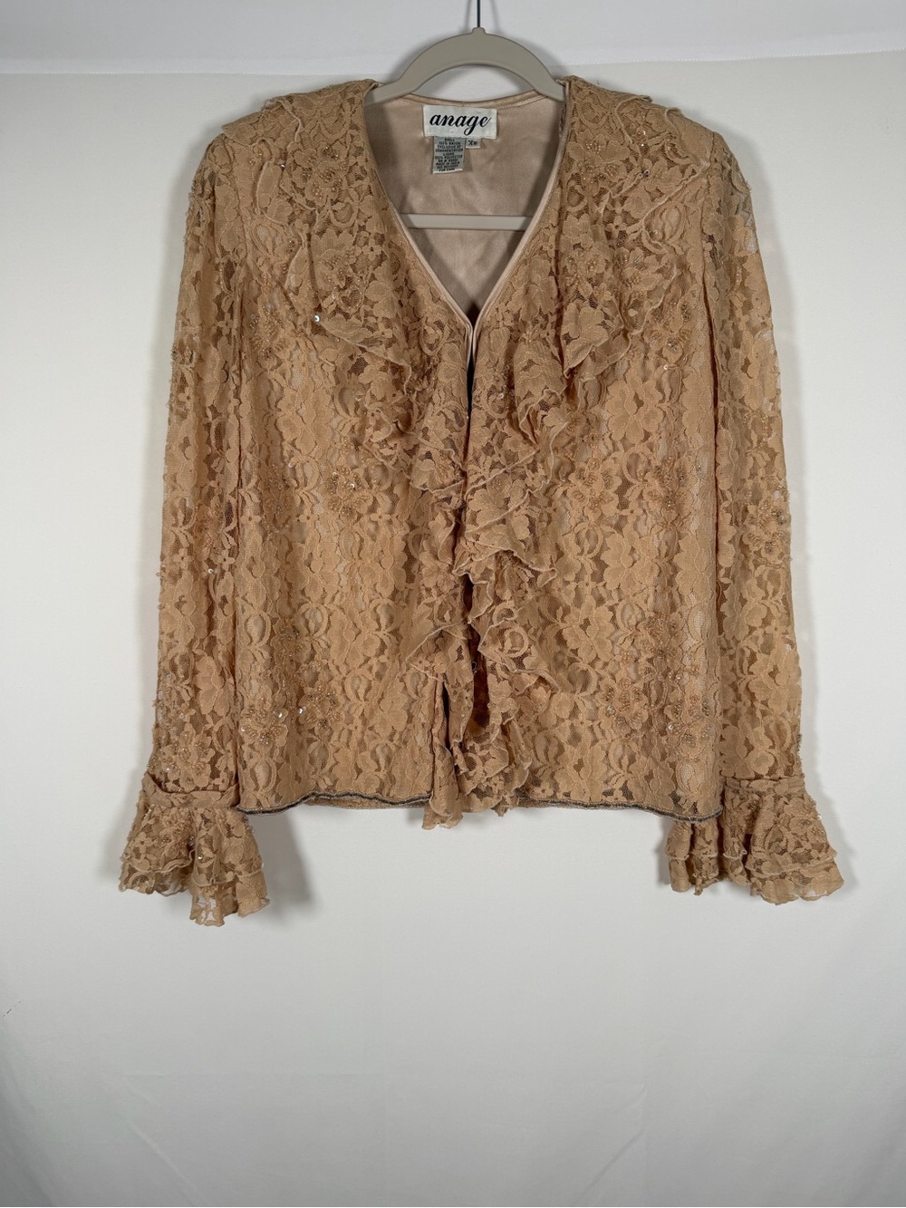 Vintage Tan Lace Ruffle Front Long Sleeve 
Blouse Whimsical, Pirate Sequin Fairy